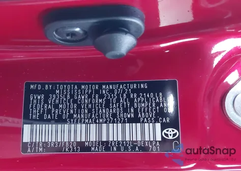 2021 Toyota Corolla Le z USA, uszkodzony, nr VIN 5YFEPMAE4MP271271